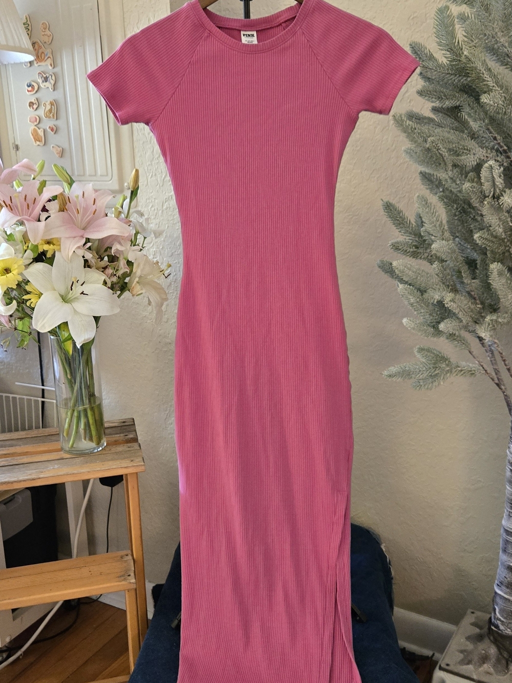 PINK Victoria's Secret Ribbed Short-Sleeve Maxi Dress in Pink
